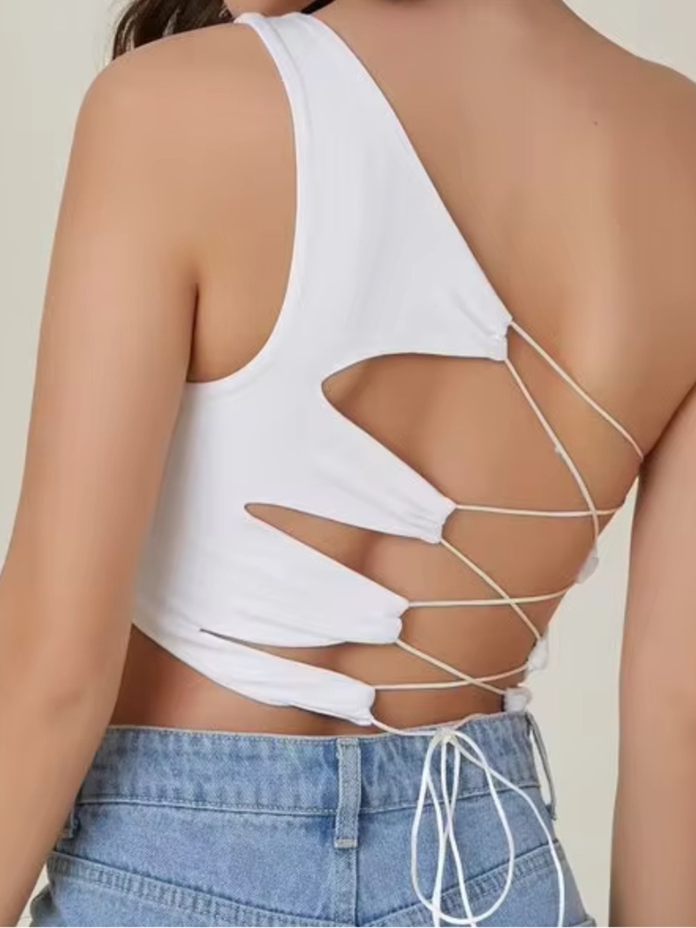 White Lace-Up Back Cropped Tank Top